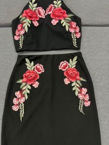 Black Floral Patch Crop Top &amp; Skirt Set