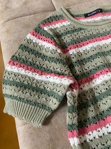 Crocheted Striped Short Sleeve Top