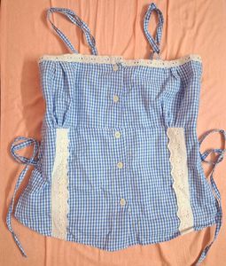 Blue Gingham Crop Top with Lace