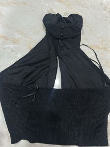 Black Textured Halter Neck Crop Top