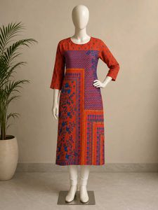 Orange Kurta with Blue Floral Print