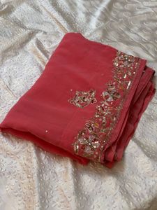 Y2K Beautiful Coral Saree with Embellishments