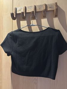 Black Cropped Ribbed Top with Butterfly Detail