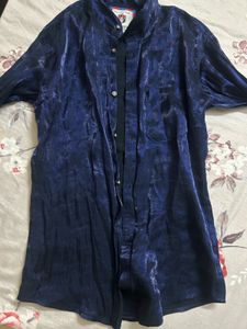 Elegant Navy Satin Button-Up Shirt