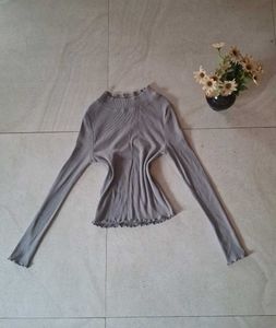 Grey Ribbed Lettuce Trim Turtleneck Top