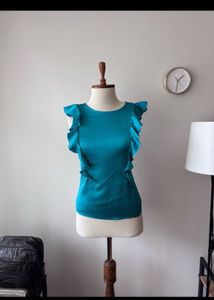 Elegant Teal Satin Top with Ruffle Sleeves