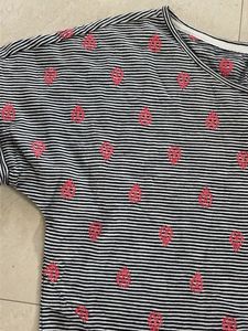 Striped Tie-Front Top with Pink Embroidery