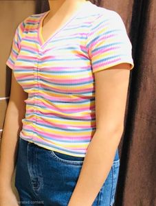 Striped Ruched V-Neck Tee