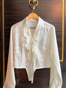 Elegant White Ruffled Satin Shirt