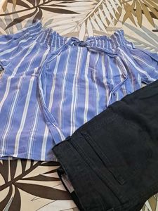 stripped  off  shoulder  top n jeans