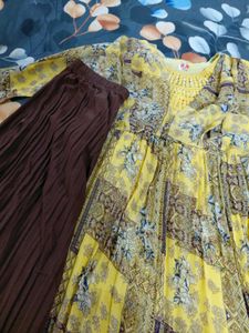 Yellow Printed frock with Brown Palazzo