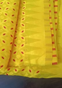 Vibrant Yellow Saree with Red Accents dhakai jamda