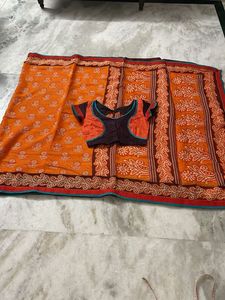 Orange Printed Saree with Blouse