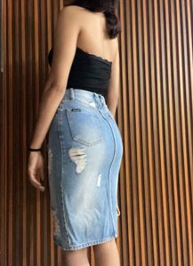 Distressed Denim Midi Skirt