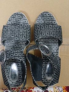 Stylish Black & White Patterned Wedge Sandals