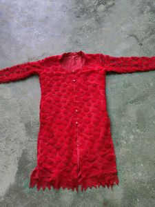 Red Textured Button-Down Top