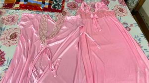 Pink Satin Nightgown & Robe Set