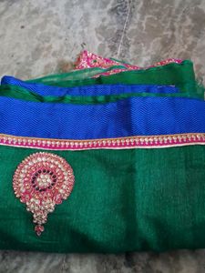 Green And Beige Kundan Work Jute Saree