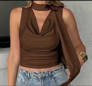 Chic Brown Cowl Neck Sleeveless Top