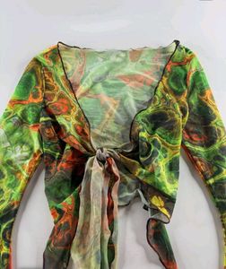 Sheer Bell Sleeve Tie up Front Top