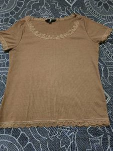 Brown Korean Lace Trim Ribbed Top
