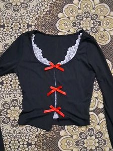 Black Lace Trimmed Bow Detail Top