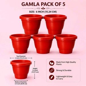 Pack of 5 Red Plastic Plant Pots