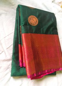 Bottlegreen Pure Silk Saree+Gold Peacock motifs