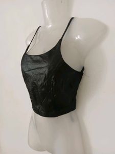 leather Black Crop Top
