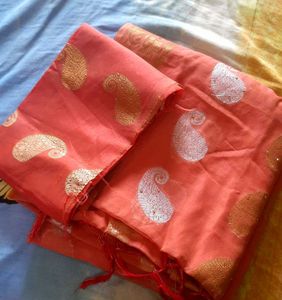 Elegant Coral Saree with Gold Border