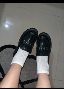 Chic Black Patent Loafers with Chain Detail