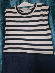 Denim Dress With Black And White Stripes