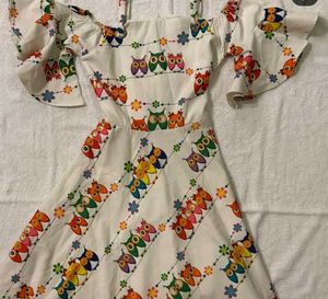 Cute Owl Print Cold Shoulder Dress