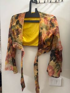 SASSAFRAS Chic Floral Tie-Front Cropped Blouse
