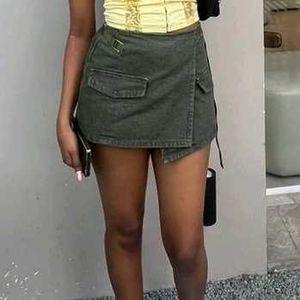 Green Denim Wrap Skirt