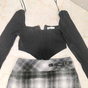 Chic Black Top &amp; Plaid Skirt Set