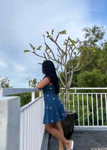Denim Mini Dress with White Embroidery Large Size