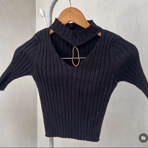 Black Ribbed Cut-Out Mock Neck Top
