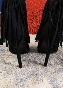 Black Boot Pencil Heels Fringe Style