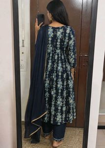 Festive Navy Blue Indian Anarkali Floral Print.