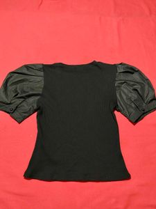 Black Ribbed Puff-Sleeve Top