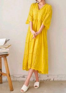 Yellow Eyelet Midi Dress