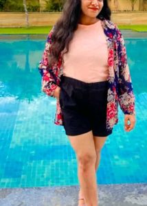 Floral Print Kimono Shirt with tank top and shorts