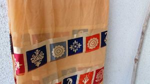 Elegant Peach Saree with Geometric Border