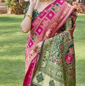 Elegant Pink & Green Banarasi Silk Saree
