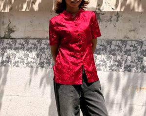 Elegant Red Silk Mandarin Collar Kurta