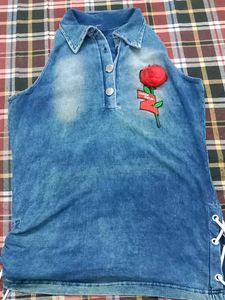 Denim Rose Patch Halter Top
