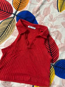 Zara Red Ribbed Collared Sleeveless Top