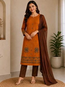 Embroidered Kurti with Brown Pants