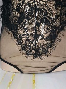 (1006)Lace Trim Sheer Black Bodysuit